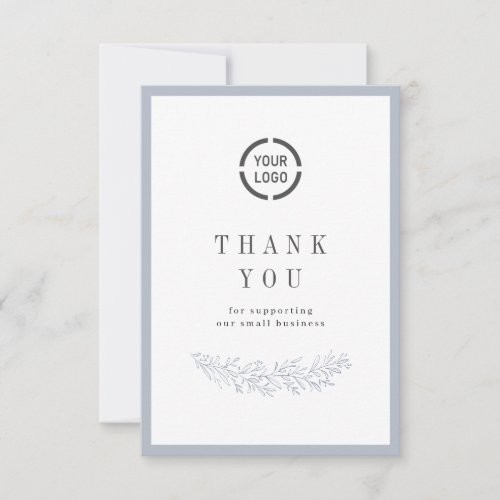 Dusty blue elegant botanical with logo business thank you card