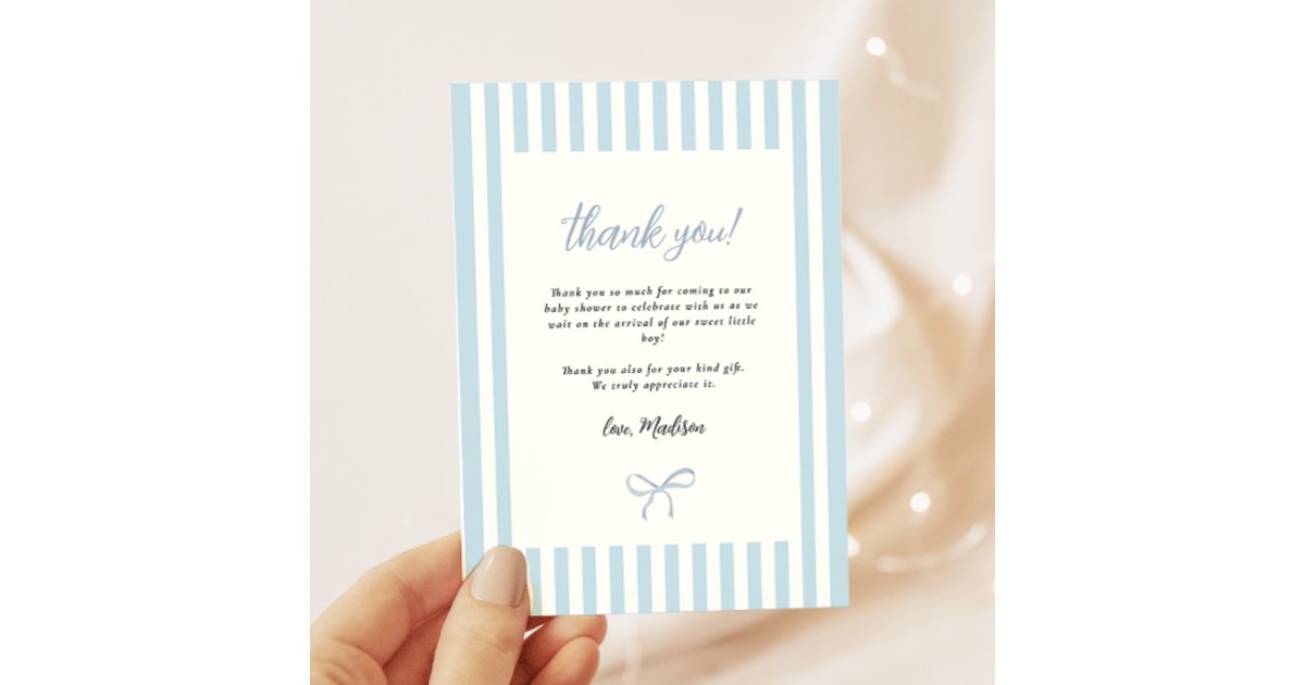 Dusty Blue Elegant Bow Boy Baby Shower Thank You Card | Zazzle