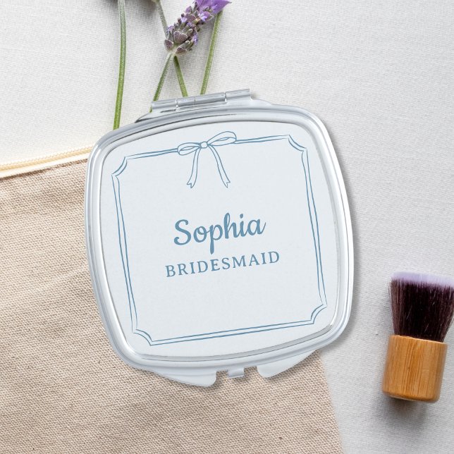 Dusty Blue Elegant Bow Personalized Bridal Party Compact Mirror (Personalized bridesmaid compact mirror with elegant design, ideal for wedding gifts.)