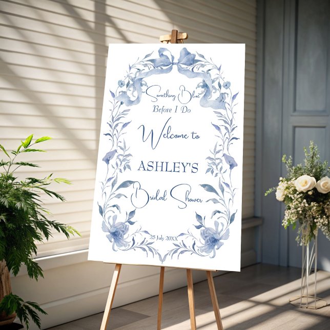 Dusty blue elegant bridal shower welcome sign (Dusty blue vintage floral ribbon bow elegant bridal shower welcome sign board personalized decor)