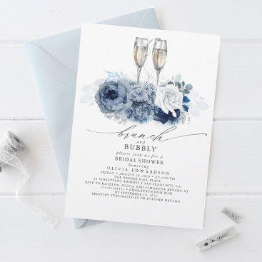 Dusty Blue Elegant Brunch and Bubbly Bridal Shower Invitation
