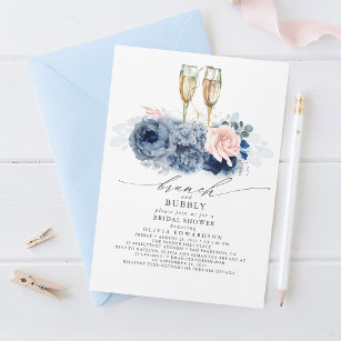 Dusty Blue Elegant Brunch and Bubbly Bridal Shower Invitation