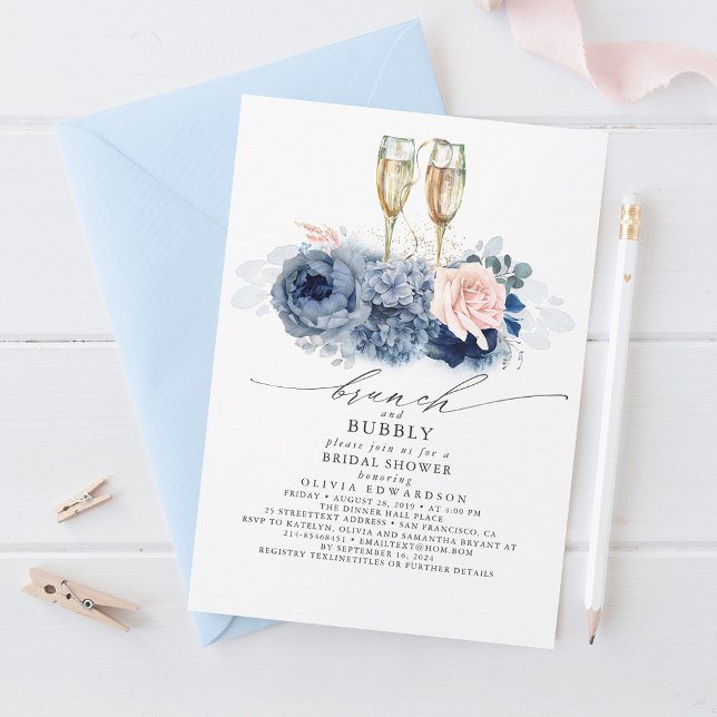 Dusty Blue Elegant Brunch and Bubbly Bridal Shower Invitation (Creator Uploaded)