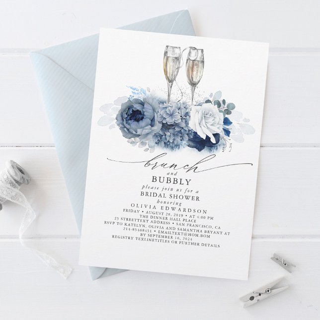 Dusty Blue Elegant Brunch and Bubbly Bridal Shower Invitation (Creator Uploaded)
