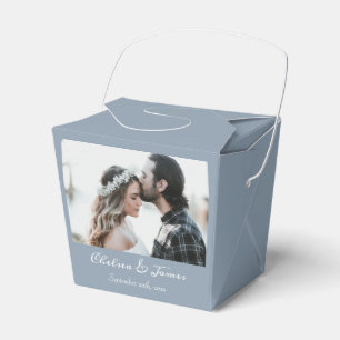 Dusty Blue Elegant Calligraphy Photo Wedding Favor Boxes