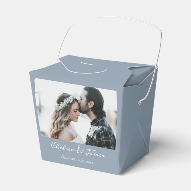 Dusty Blue Elegant Calligraphy Photo Wedding  Favor Boxes (Front Side)