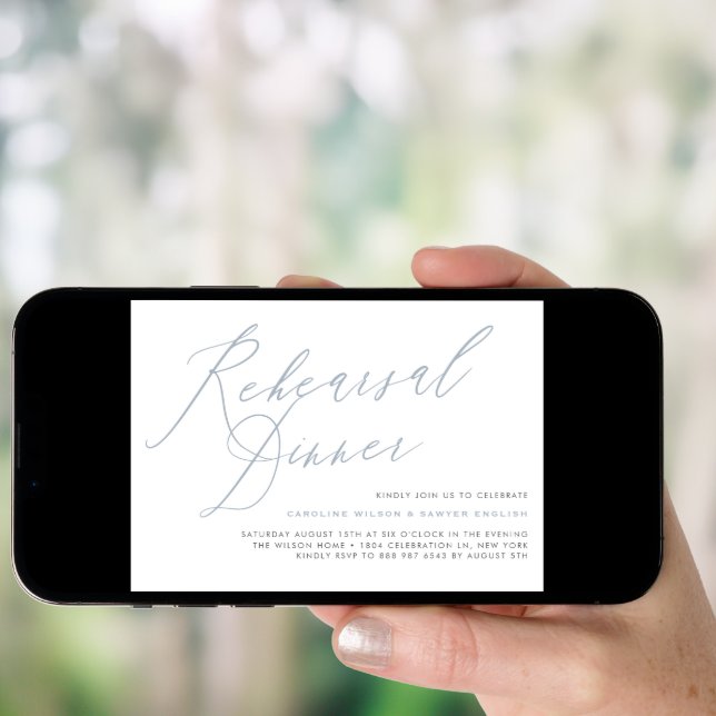 Dusty Blue Elegant Calligraphy Rehearsal Dinner Invitation (Front Digital)