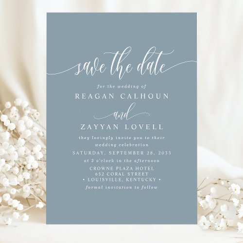 Dusty Blue Elegant Calligraphy Save The Date