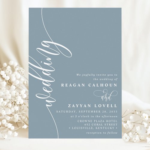 Dusty Blue Elegant Calligraphy Script Wedding Invitation