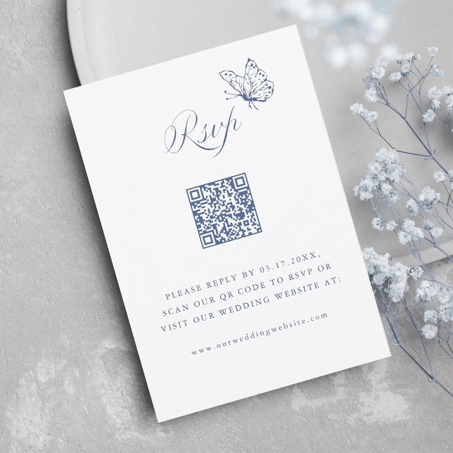 Dusty Blue Elegant Calligraphy Wedding QR Code RSVP Card (Creator Uploaded)
