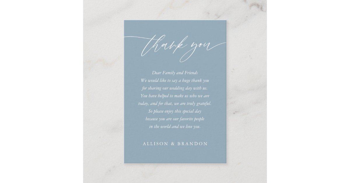 Dusty Blue Elegant Calligraphy Wedding Thank You Place Card | Zazzle