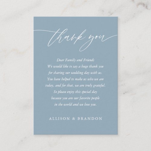 Dusty Blue Elegant Calligraphy Wedding Thank You Place Card