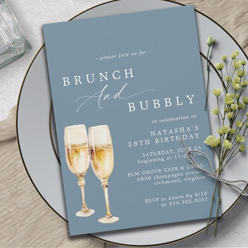 Dusty Blue  Elegant Champagne Birthday Brunch Invitation