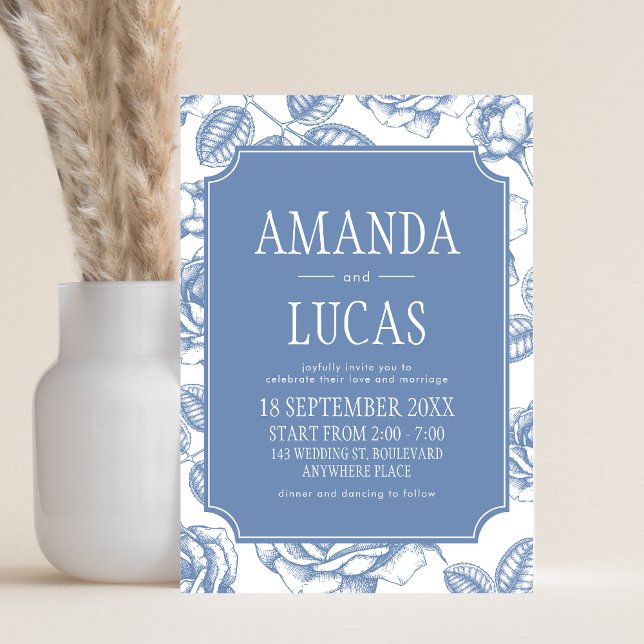 Dusty Blue Elegant Chinoiserie Wedding Invitation (Dusty Blue Vintage Elegant Wedding Invitation)