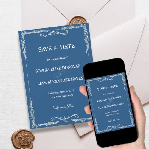 Dusty Blue Elegant Classic Black Tie Wedding Save The Date