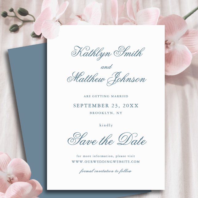 Dusty Blue Elegant Classic Calligraphy Wedding Save The Date (Creator Uploaded)