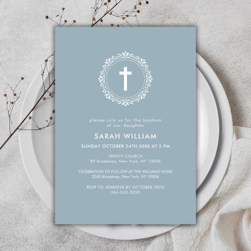 Dusty Blue Elegant Classic Cross Wreath Baptism  Invitation