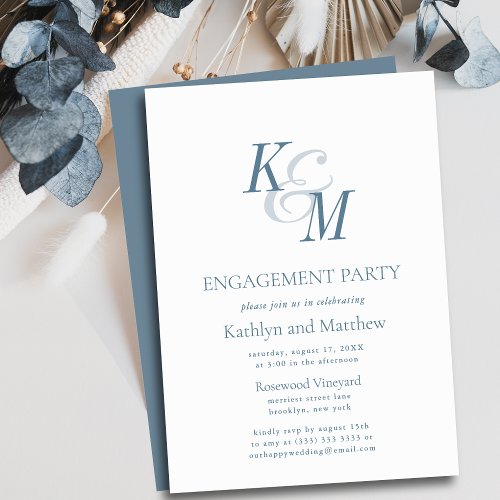 Dusty Blue Elegant Classic Engagement Party Invitation