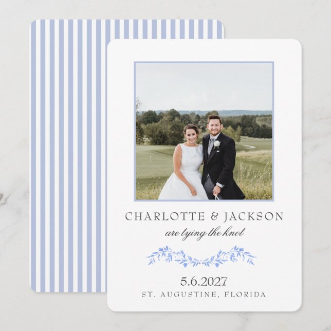 Dusty Blue Elegant Classic Floral With Photo Save The Date (Front/Back)