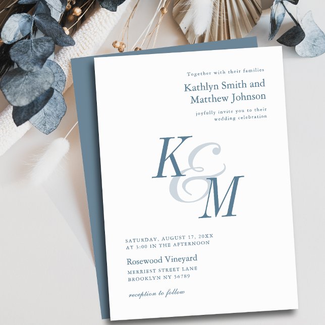 Dusty Blue Elegant Classic Monogram Wedding Invitation (Creator Uploaded)