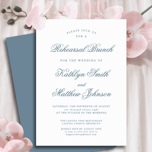 Dusty Blue Elegant Classic Script Rehearsal Brunch Invitation