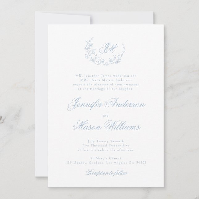 Dusty blue elegant classic wedding Invitation (Front)