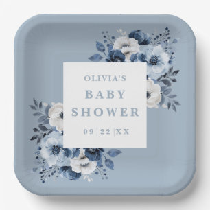 Dusty Blue Elegant Country Floral Baby Shower Paper Plates