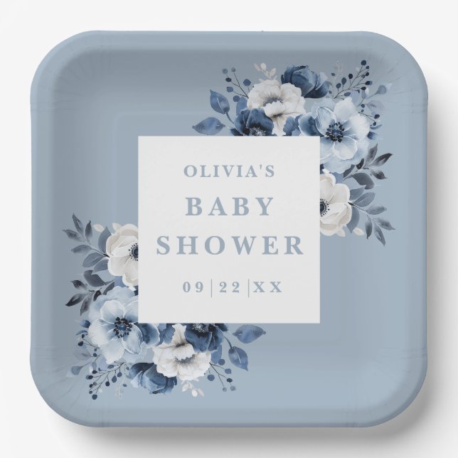 Dusty Blue Elegant Country Floral Baby Shower Paper Plates (Front)