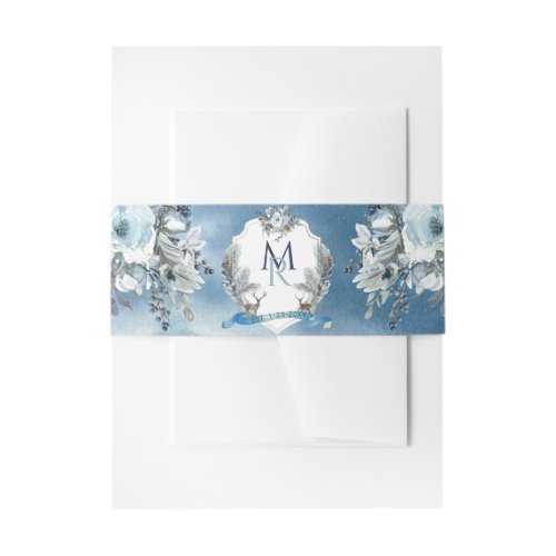 Dusty Blue Elegant Crest with Initials Wedding Invitation Belly Band