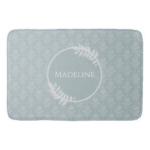 Dusty Blue Elegant Damask Personalized Bath Mat