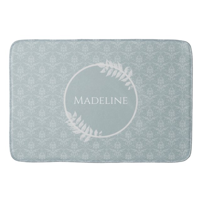 Dusty Blue Elegant Damask Personalized Bath Mat (Front)