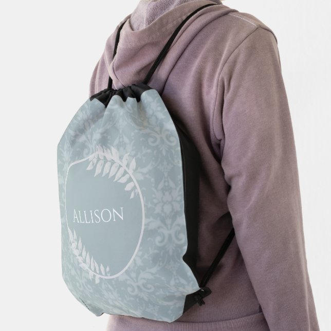 Dusty Blue Elegant Damask Personalized Drawstring Bag (Insitu)
