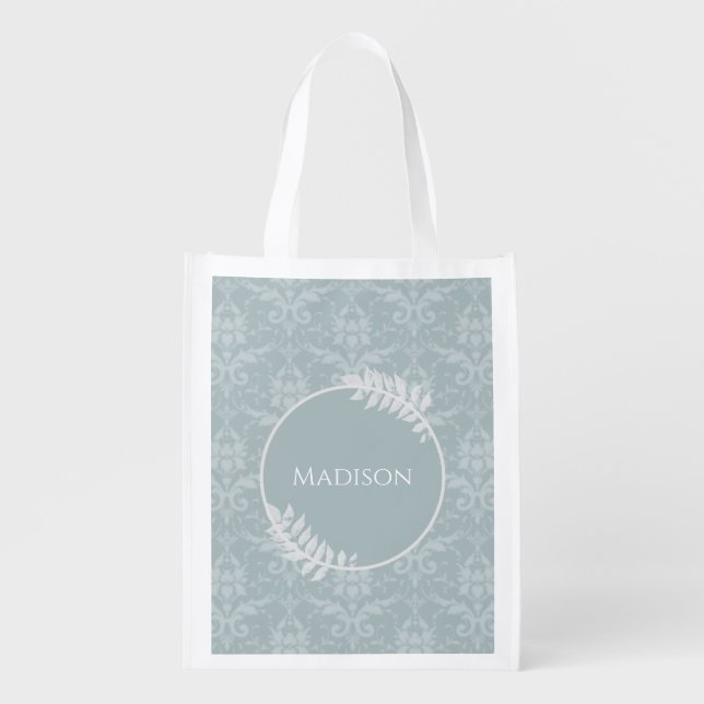 Dusty Blue Elegant Damask Personalized Grocery Bag (Front)