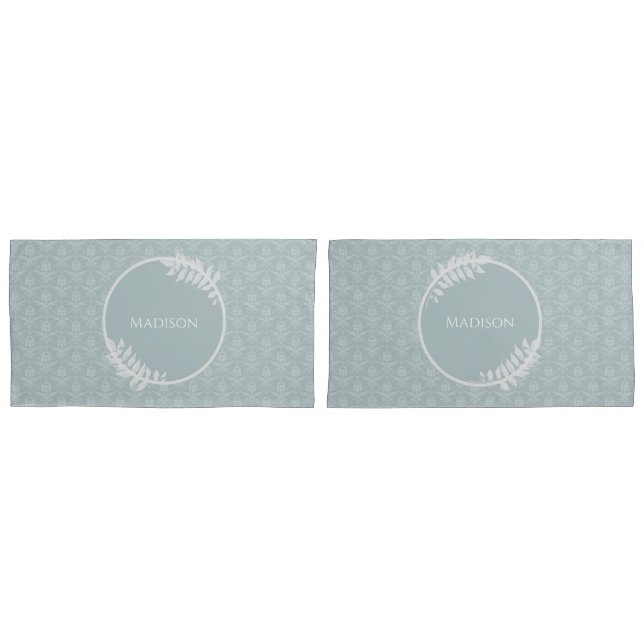Dusty Blue Elegant Damask Personalized Pillow Case (Front-Set)