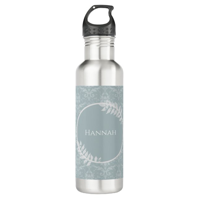 Dusty Blue Elegant Damask Personalized Stainless Steel Water Bottle (Front)