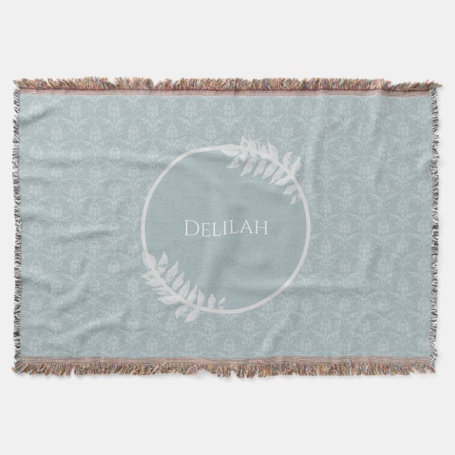 Dusty Blue Elegant Damask Personalized Throw Blanket (Front)