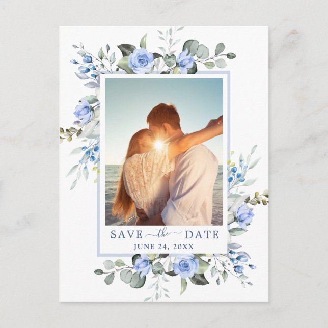 Dusty Blue Elegant Eucalyptus PHOTO Save the Date Postcard (Front)