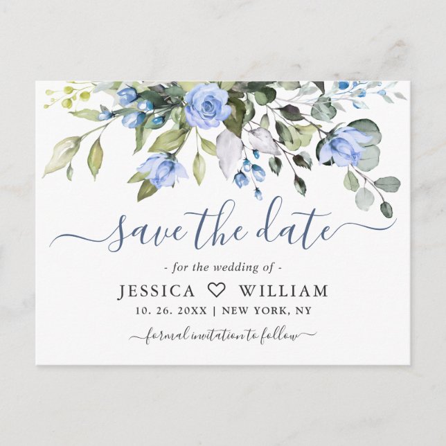 Dusty Blue Elegant Eucalyptus Rose Save the Date Postcard (Front)