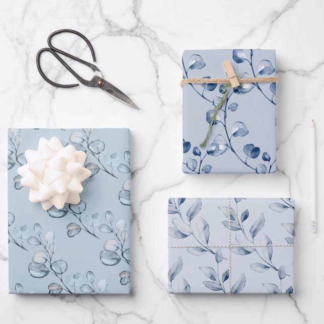 Dusty Blue Elegant Eucalyptus Wedding Gift Wrapping Paper Sheets (Front)