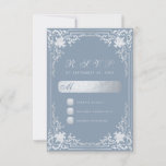  Dusty Blue Elegant Faux Silver Vintage Wedding RSVP Card