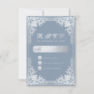  Dusty Blue Elegant Faux Silver Vintage Wedding RSVP Card