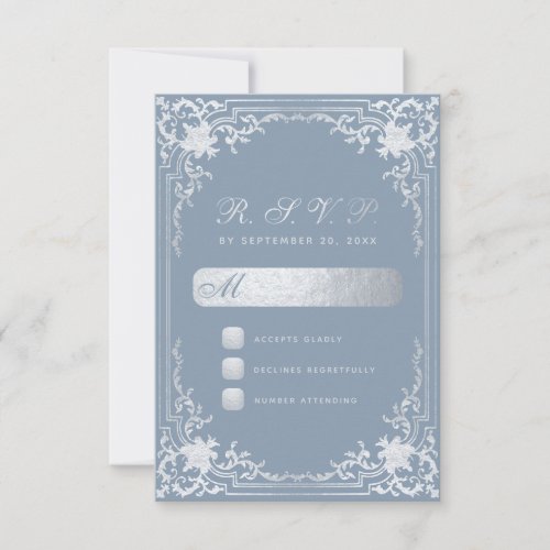  Dusty Blue Elegant Faux Silver Vintage Wedding RSVP Card