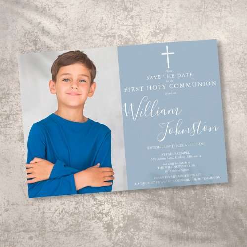 Dusty Blue Elegant First Holy Communion Photo Save The Date