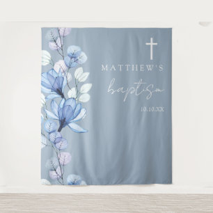 Dusty Blue Elegant Floral Baptism Photo Backdrop