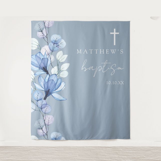 Dusty Blue Elegant Floral Baptism Photo Backdrop (Front)
