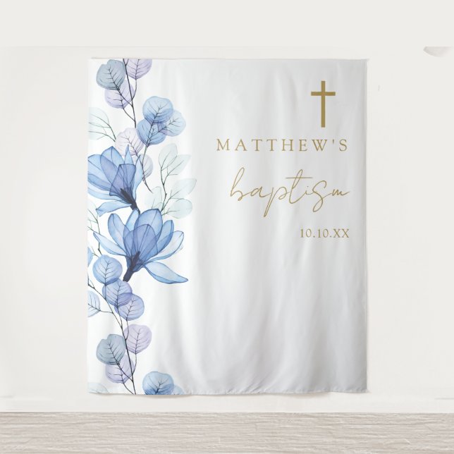 Dusty Blue Elegant Floral Baptism Photo Backdrop (Front)