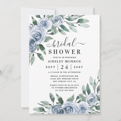 Dusty Blue Elegant Floral Boho Rose Bridal Shower