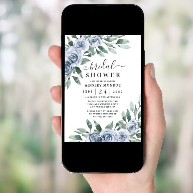 Dusty Blue Elegant Floral Boho Rose Bridal Shower Invitation (Front Digital)