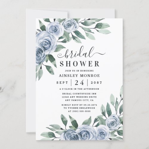 Dusty Blue Elegant Floral Boho Rose Bridal Shower Invitation