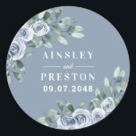 Dusty Blue Elegant Floral Boho Rose Rustic Wedding Classic Round Sticker<br><div class="desc">Design features elegant watercolor greenery with boho dusty blue rose floral elements. Design also features a modern typography font layout.</div>
